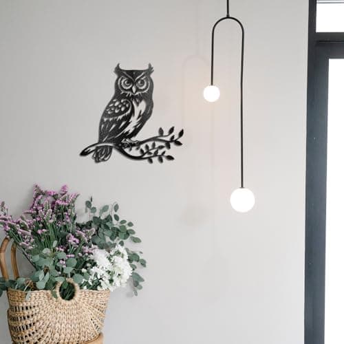 Image of WADORN Owl Metal Wall Art Decor, Bird on Branch Silhouette Sculpture Wall Decor Leaves with Birds Metal Ornament Hanging Sign for Home Balcony Garden Courtyard Bedroom Office Outdoor, 11.8x11.5 Inch