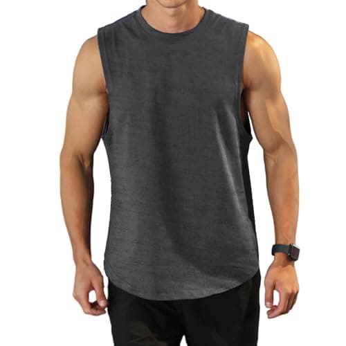 Image of Men's Workout Bodybuilding Tank Tops Athletic Training Gym Shirts Vest Cotton Cut Off Sleeveless Muscle T-Shirt Dark Gray L