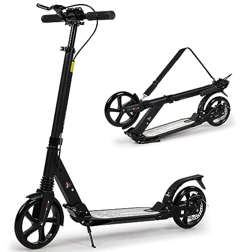 Image of Foldable Kick Scooter for Kids Ages 8-12, 200mm Big Wheels Scooter for Adults with Disc Brakes, Adult Scooters with Carry Strap and Height Adjustable for Teenagers 11-15 (Black)