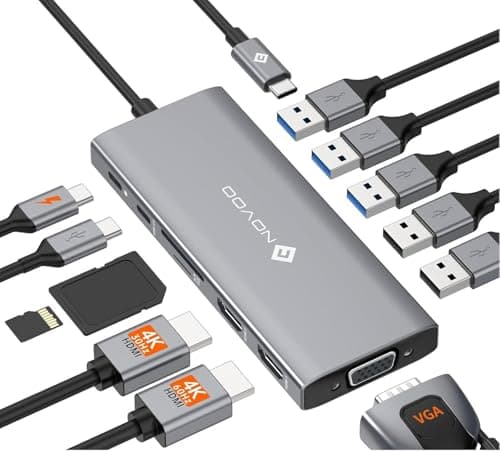 Image of NOVOO USB C Docking Station, 12 in 1 Docking Station Dual Monitor with 2 HDMI, VGA, 5 USB Ports, 100W PD, USB-C Data, SD/TF Card Reader, Compatible with MacBook/Dell/HP/Surface