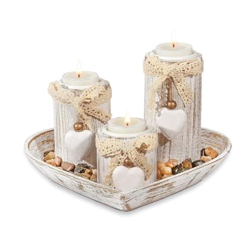Image of Tealight Candle Holders with Tray - Heart Shaped Candle Holders Gifts, 3-Pcs Wooden Candlestick Set for Wedding Dining Table Centrepiece Decor
