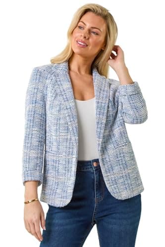 Image of Roman Boucle Blazer for Women UK Ladies Frayed Edge Tailored Longline Rever Collar Jacket Lapel Stretch Smart Office Work Party Night Going Out Lined Classic - Petite Blue - Size 16