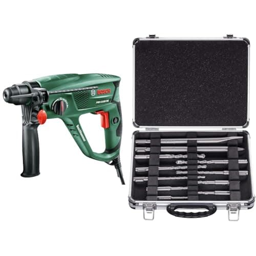Image of Bosch Home and Garden Rotary Hammer Pbh 2100 Re, 550 W, SDS Plus Chuck Fast, Keyless Accessory Changes, in Carrying Case + 11-Pcs SDS Plus Mixed Hammer Drill Bit and Chisel Set (for Concrete Masonry)