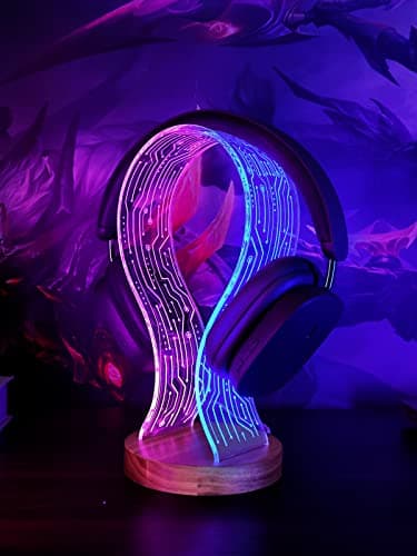 Image of YuanDian Headphone Stand, Walnut Wood Headset Holder with Blue Pink LED Night Light - Perfect Desk Gift Idea - Ideal Gaming Accessory and Room Decor for Gamers, Men, Boys and Music Lovers