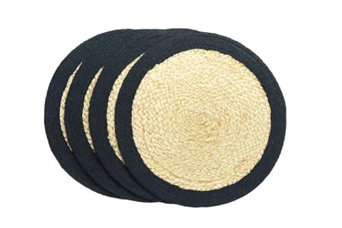 Image of Ripaz Vogue - Round Placemats Natural Jute Fiber Handmade Rustic Look Table Top, Jute Placemats for Dining and Coffee Table (Beige with Black Border, 25 x 25 cm (Set of 4 Pcs))