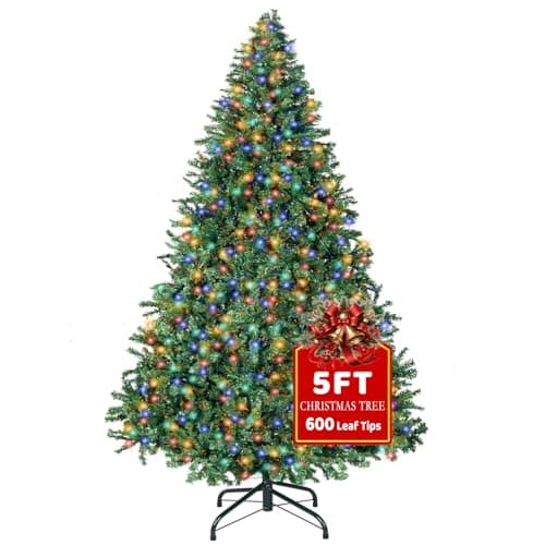 Image of 5FT Artificial Christmas Tree with 150 LED, Christmas Pine Tree with 600 Tips Lush, Foldable Metal Frame & Stand, Easy Assembly Pops Up Xmas Tree for Home Party, 150 x 100cm