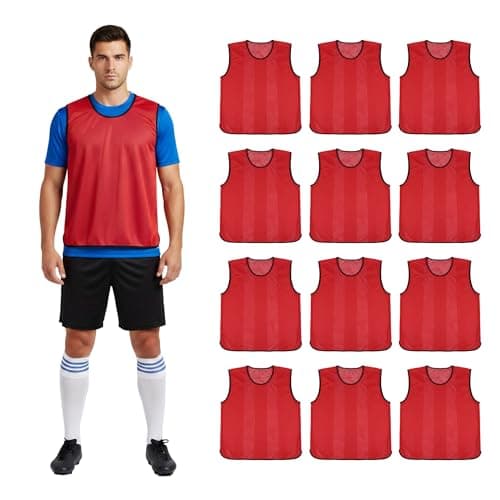 Image of SiXsigma Sports 12 X Training Bibs Sports Mesh Football Bibs With Carry Bag - Quick Dry Football Training Equipment For Rugby, Soccer, Cricket & Basketball (Red, Senior (L-XL, 48" Chest))