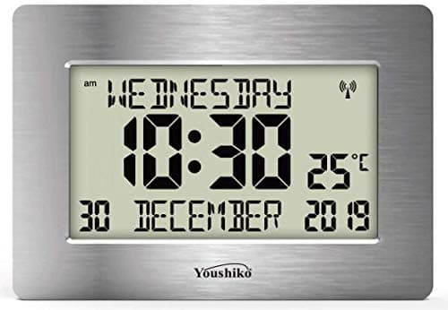 Image of Youshiko Radio Controlled Silent Large LCD Wall Clock (Offical UK Version) Auto Set Up with Day Date Month Helpful for DEMENTIA & ALZHEIMER SUFFERERS (Silver)