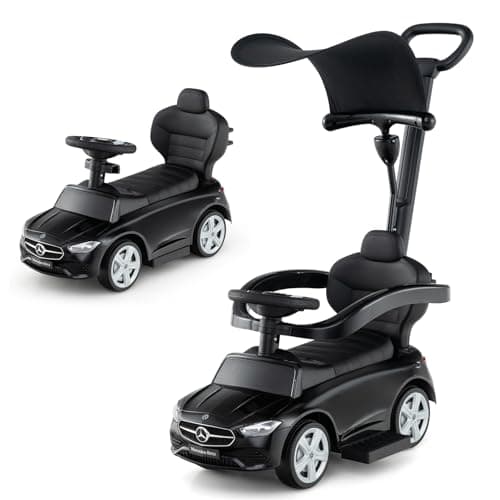 Image of COSTWAY 3 in 1 Ride on Push Car, Mercedes-Benz Licensed Toddler Sliding Car with Steering Handle and Wheel, Horn, Adjustable Canopy, Foot to Floor Slider for Boys Girls 18-36 Months Old (Black)