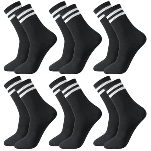 Image of Meng Jiaran 6 Pairs Men Socks, Breathable Striped Crew Socks Athletic Sports Casual Socks, Black Cotton Liners Socks Multipack For Men And Women UK 9-11