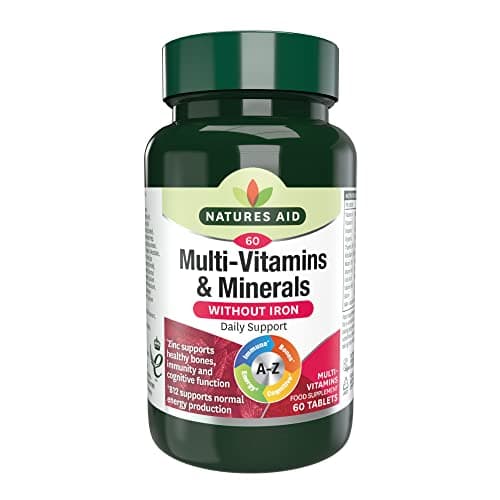 Image of Natures Aid Multivitamins & Minerals Without Iron - High Strength One-a-Day Multi-Vitamin Formula - Supports Immune System, Energy, Brain and Bone Health - Vegan, Gluten-Free, Non-GMO - 60 Tablets