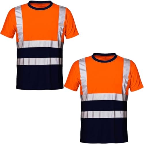 Image of NIYS Pack of 2 Hi Vis Safety T-Shirt for Men – High Visibility Short Sleeve Work Shirt with Reflective Tape – Lightweight, Breathable Workwear – Yellow/Orange/Navy, S-3XL (Orange Navy, XXL)