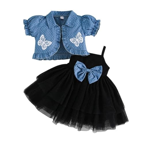 Image of XIXIMAON Baby Girl Summer Outfits Bow Sleeveless Tulle Skirt Dot Butterfly Floral Puffy Short Sleeve Coat Dress And Cardigan Set Kids Spring Clothes (Black, 9-12 Months)