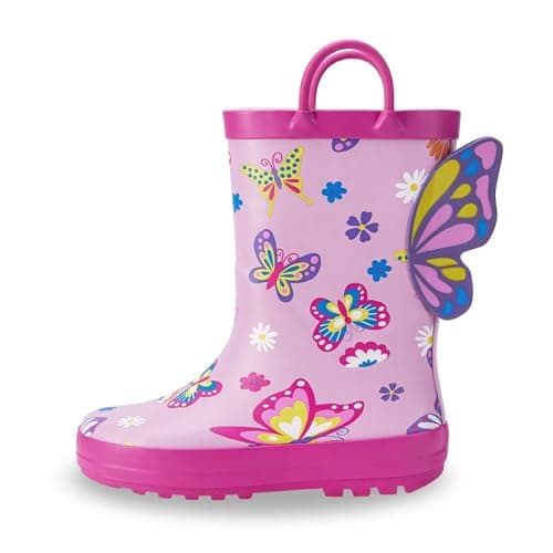 Image of EUXTERPA Kids Wellington Boots For Girls Butterfly Rubber Wellies boots Unisex Children Waterproof Rain Boots with Pull On Handles Size 10
