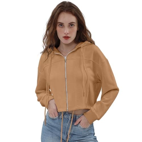 Image of Amazhiyu Womens Cropped Zip Up Hoodie, Casual Jackets with Pockets, Drawstring Long Sleeve Sweatshirts Brown M