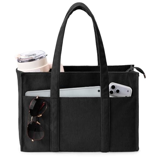 Image of KALIDI Corduroy Tote Bag for Women Large Shoulder Handbag with Zipper and Pockets for Work College School Travel Shopping