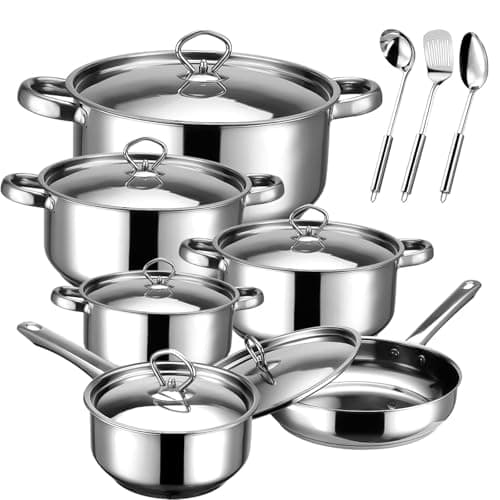 Image of Hunnycook Stainless Steel Pot and Pan Set - 15Pcs Induction Hob Pots and Pans Sets, Includes 5 Pots and Saucepan with Lid, Frying Pan & 3 Kitchen Tools, Nonstick & Fixed Handles, PFOA Free
