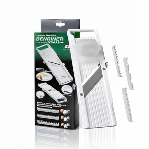 Image of Benriner Japanese Mandolin Vegetable Slicer 6.4cm, White: 3 Interchangeable Stainless Steel Blades & Safety Guard, Handheld Mandolin Slicer for Shredding, Slicing & Julienning Fruit & Veg, BN-64W