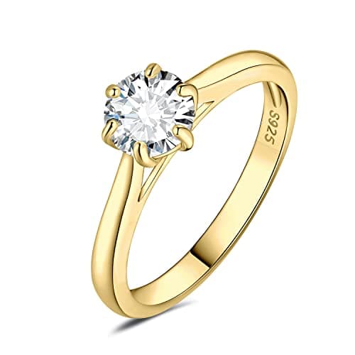 Image of JewelryPalace Classic 0.5ct Round Cut Moissanite Solitaire Engagement Rings for Women, 14K Yellow Gold Plated 925 Sterling Silver Promise Ring for Her, Simulated Diamond Anniversary Wedding Rings J
