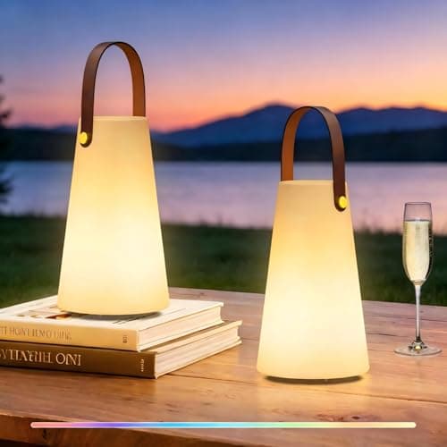 Image of FUYO 2 Pack Outdoor Table Lamp, Cordless Rechargeable Table Lamp, RGB LED Night Lights with Remote, IP44 Water-Resistant Camping Lanterns for Patio, Camping, Garden, Dining Room (Leather Handle)