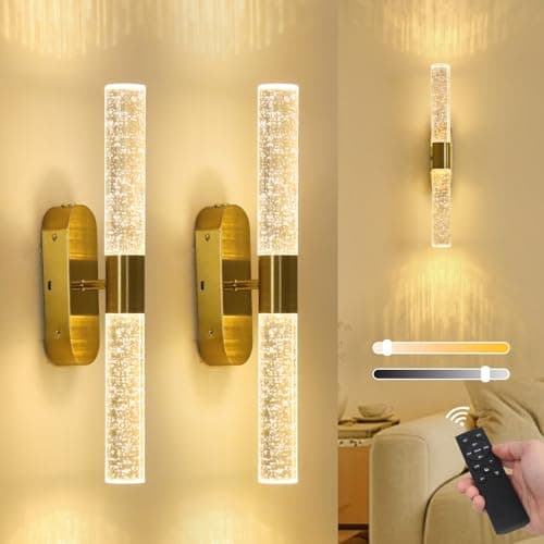 Image of Stepeak Rechargeable Wall Lights Set of 2, Battery Operated Wall Lights with Remote, Gold Wireless Wall Light with Bubble Glass Shade, USB-Charged Battery Powered Wall Sconces for Living Room Bedroom