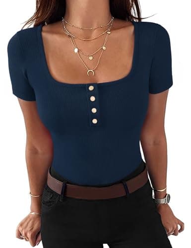 Image of Gyabnw Womens Button Front Ribbed T-Shirt Square Neck Slim Fit Casual Top Perfect for Summer Navy Blue