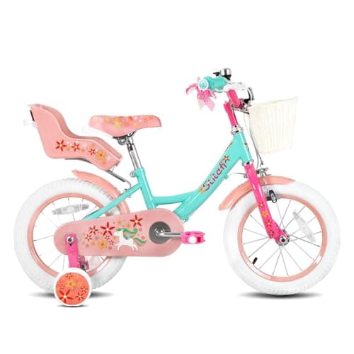 Image of STITCH Unicorn 12 Inch Girls Bike for 2-4 Years Old Kids, 12 Inch Gilrs Bike with Stabilisers & Doll Seat& Basket & hand brakes