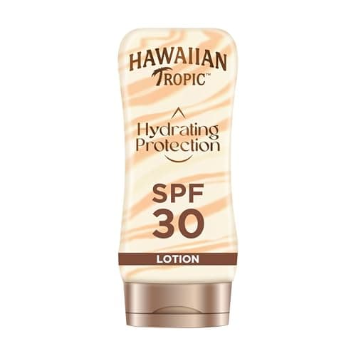 Image of Hawaiian Tropic Hydrating Protection Sunscreen Lotion, Water Resistant SPF 30 UVA Plus UVB Protection Suncream, 12-Hour Moisturising Sun Lotion with Cocoa and Shea Butter, 180 ml