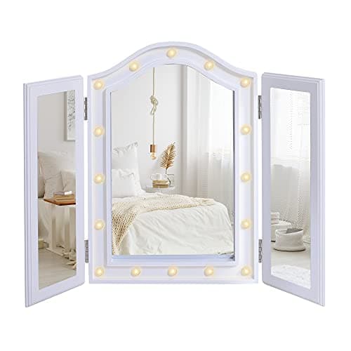 Image of HOMCOM Trifold Tabletop Mirror, 73x53.5cm Makeup Mirror Large Cosmetic w/16 LED Lights Powered by Batteries, Foldable For Bedroom, White