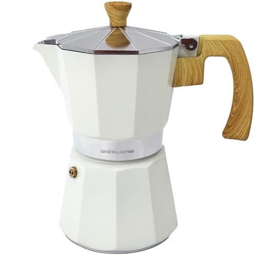 Image of andrew james 6 Cup Moka Pot Coffee Percolator, Italian Espresso Maker Stove top Coffee Maker for Ground Coffee, Aluminium Mocha Pot with Cool Touch Handle (Ivory with Wooden Trim)