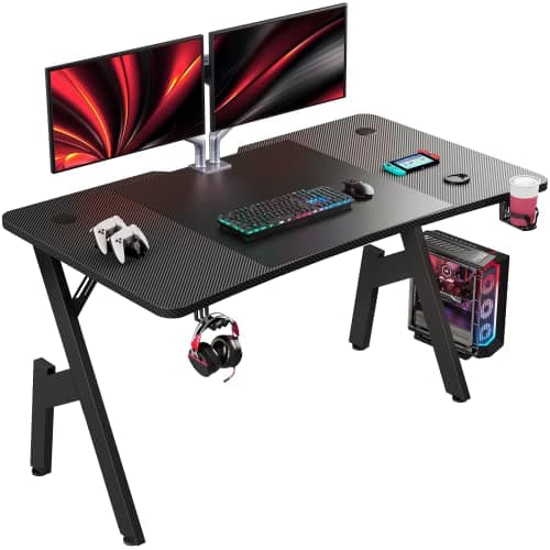 Image of DLONGONE Gaming Desk 120 x 60cm, Computer Gaming Desk, Gaming PC Desk for Home Office, A Shaped Gaming Table with Cup Holder and Headphone Hook, Simple Assembly, Black