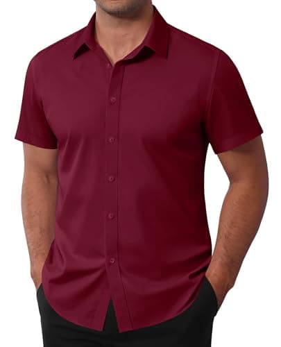 Image of siliteelon Mens Shirts Stain Shield Short Sleeve Burgundy Dress Formal Shirts Stretch Men's Shirt Plain Cotton Regular Fit Casual Business Shirt for Adult