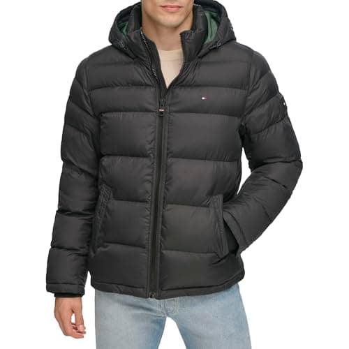 Image of Tommy Hilfiger Men's Hooded Puffer Jacket Down Alternative Coat, Deep Black, XS