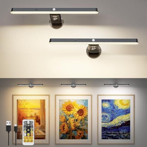 Image of 2 Pack Motion Sensor Picture Lights for Wall, Rechargeable Wall Lights with Remote and Timer, Dimmable & 3 Color Temps, Battery Operated LED Picture Lights Indoor for Paintings, Portraits, Black