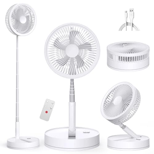 Image of Portable Oscillating Standing Pedestal Fan with Remote Control,8.6 inch Silent 8000mAh Rechargeable Battery USB Powered Floor Fan, Height Adjustable Foldable Desk Table Fans for Bedroom Home White