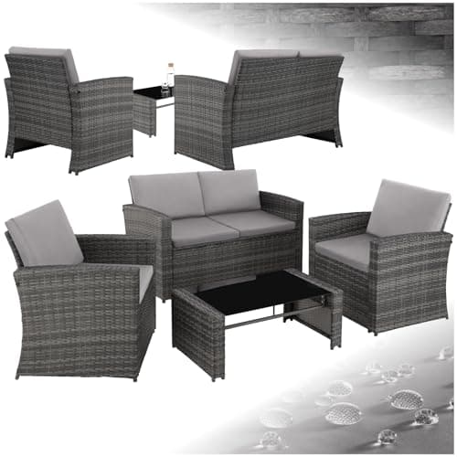 Image of tectake® Rattan Garden Lounge Set, Chic Design, 2 seater sofa, 2 Armchairs and 1 Table with Removable Glass Top, Comfortable Seat and Back Cushions, for garden, patio, balcony - grey
