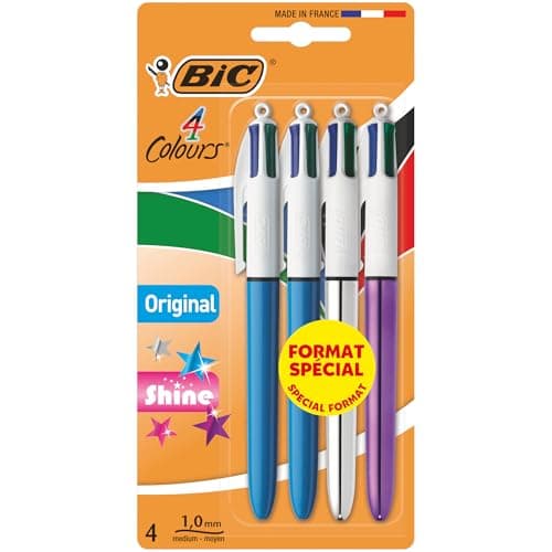 Image of BIC 4 Colours All-In-One Multi-Coloured Retractable Ballpoint Pens, Four Ink Colours, Medium Point 1.0mm, Pack of 4, Original & Shine Barrels