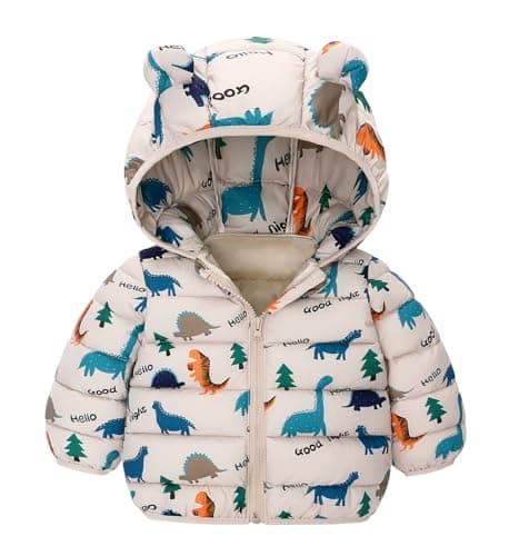 Image of SEAUR Baby Boys Girls Hooded Down Jackets Lightweight Snowsuit Soft Cartoon Print Padded Coat Boys Long Sleeve Outwear 2-3 Years Khaki