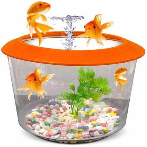 Image of Pet Guru Premium Crystal Clear Fish Bowl Aquarium with Lid, Decorative Gravel and Plant Included, Durable Plastic, Perfect for Goldfish (Random)