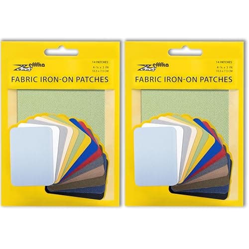 Image of ZEFFFKA 2PACK Fabric Iron-on Patches Inside & Outside Strongest Glue 100% Cotton Blue Gray Beige Brown Yellow Red Green Repair Decorating Kit 14 Pieces Size 3" by 4-1/4" (7.5 cm x 10.5 cm)