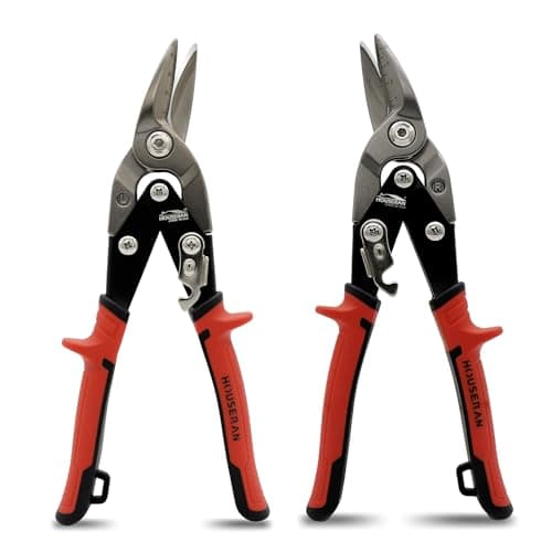 Image of HOUSERAN 10 Inch Aviation Tin Snips Set of 2, Left and Right Cut Offset Heavy Duty Metal Cutters, CR-MO Steel Shears with Double Lever, Scale Markings & Safety Latch, Scissors for Cutting Metal Sheet