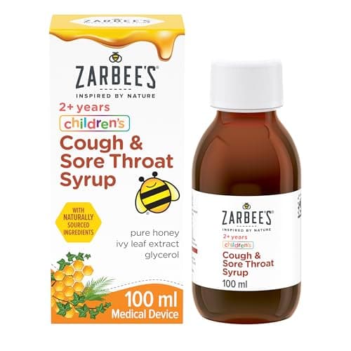 Image of Zarbee's Children’s Cough & Sore Throat Syrup (1x 100ml), For Kids Aged 2+, Honey-Based Relief for Dry or Chesty Cough, Sore Throat Relief, Alcohol Free, Free from Lactose