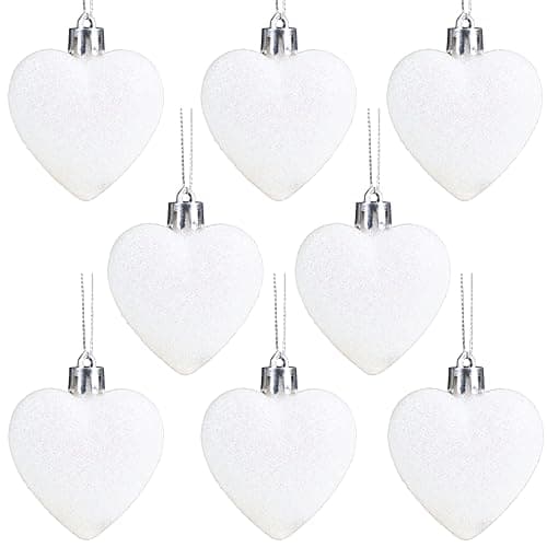 Image of Christmas Concepts® Pack of 8-60mm Heart Shaped Christmas Tree Baubles – Glitter Decorated Baubles (White)