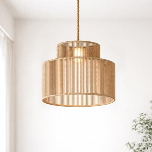Image of Voltico Rattan Lampshade 35cm Pendant Light Shade Double Layer Handwoven Wicker Ceiling Shade Boho Natural Hanging Lampshade for Living Room Dining Room Bedroom
