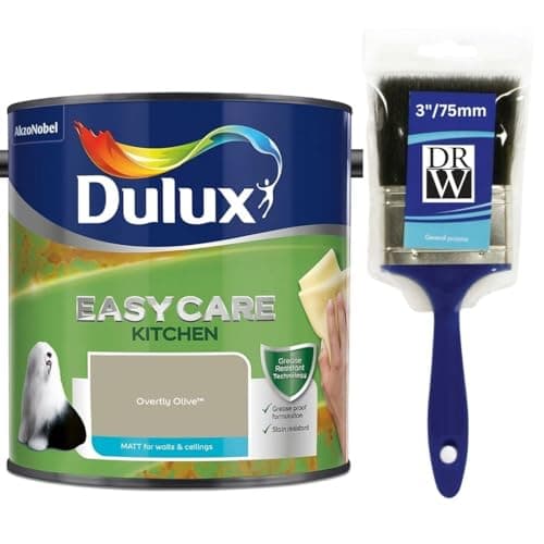 Image of Overtly Olive Dulux Easycare Kitchen Matt Emulsion Paint 2.5L + 3" Emulsion Paint Brush – Grease & Stain Resistant, Washable Matt Finish, Durable Interior Paint for Kitchen Walls & Ceilings