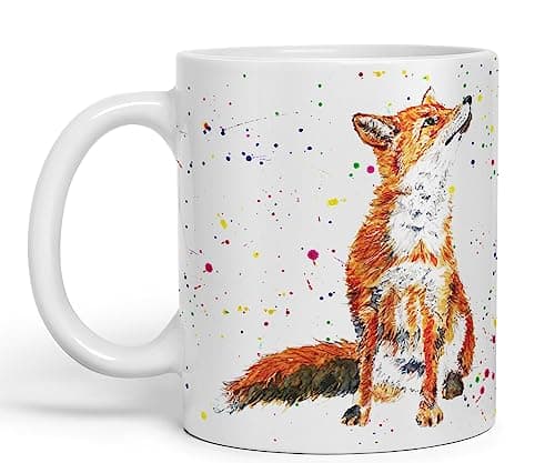 Image of Vixar Fox British Wildlife Hand Painted Design Watercolour Art Coloured Mug Cup Gift Birthday Work Office Christmas Tea Coffee (White)