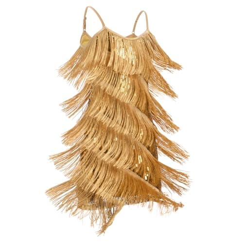 Image of EFOGEP Girls Latin Dance Dress Tassel Fringe Dress, Sparkly Sequin Flapper Style 1920s Gatsby Dance Dress for Kids Ballroom Party Performance Gold 7-8 Y