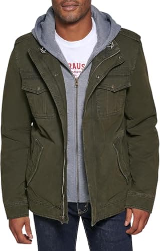 Image of Levi's Men's Washed Cotton Hooded Military Jacket, Olive, L