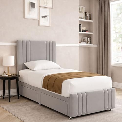 Image of THE BED VILLAGE YORKSHIRE Ripon with Footboard Single (3ft) Divan Bed with Mattress, Headboard, & 2 Drawers | Silver Grey Plush Fabric | Premium British Timber | Sustainable Handcrafted Design