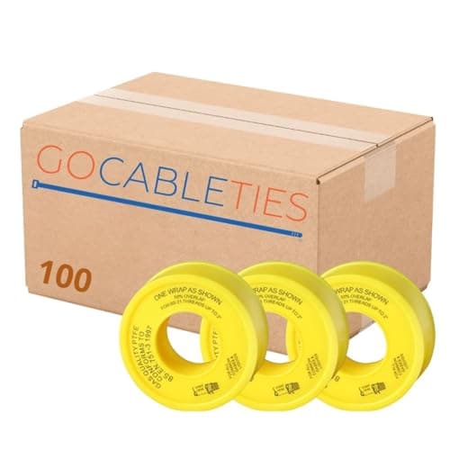 Image of Gocableties Yellow 12mm x 5m PTFE Tape, 100 Rolls, For Gas Fittings and Hot Water Pipes, Teflon Tape, 0.2mm Thick